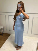 Light Blue V - Neck Knitted Bodycon Dress with Pockets L