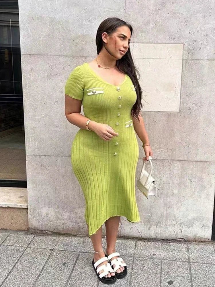 Yellow Green V - Neck Knitted Bodycon Dress with Pockets L