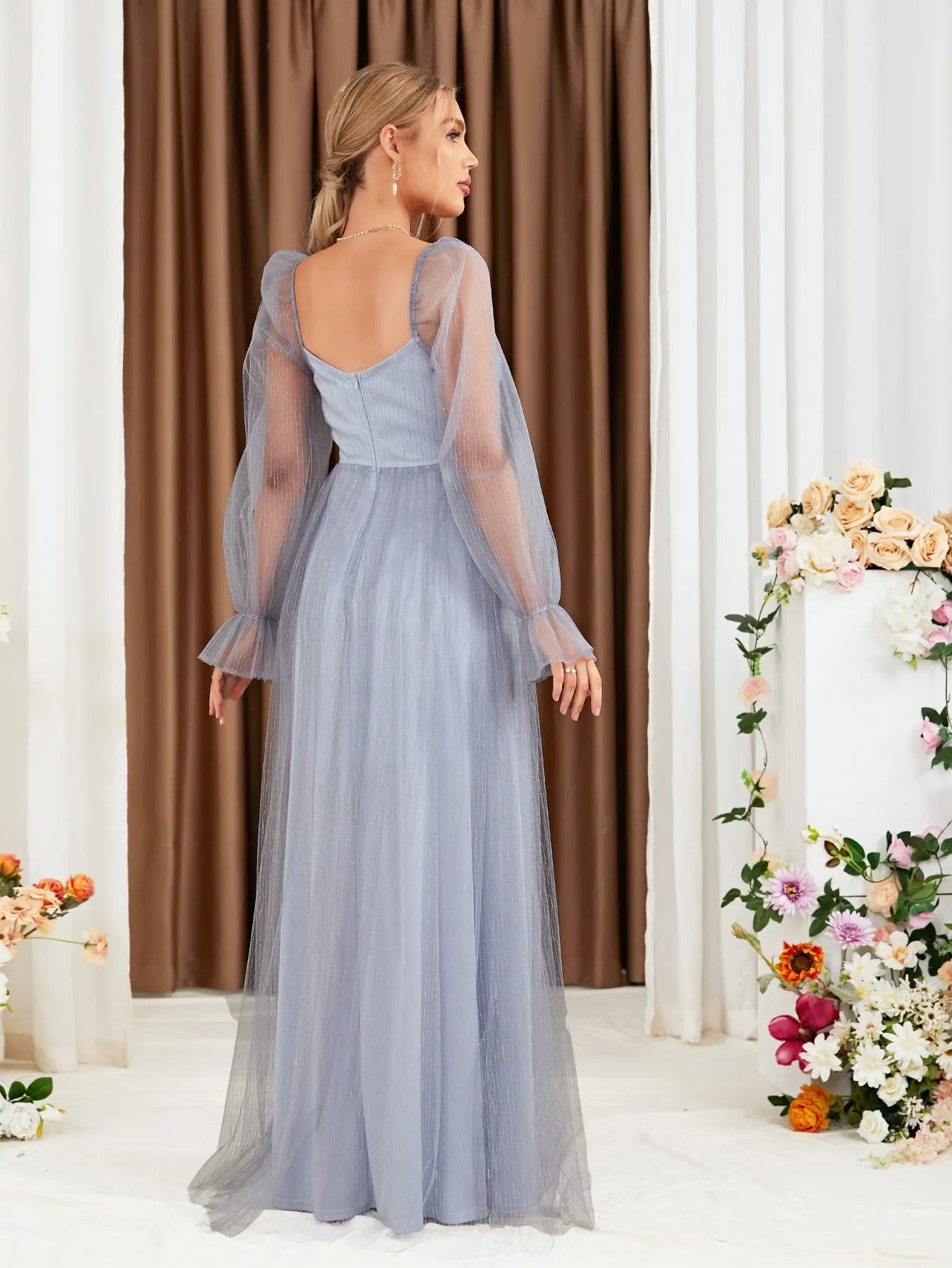 V-neck Long Sleeve Chiffon Evening Gown