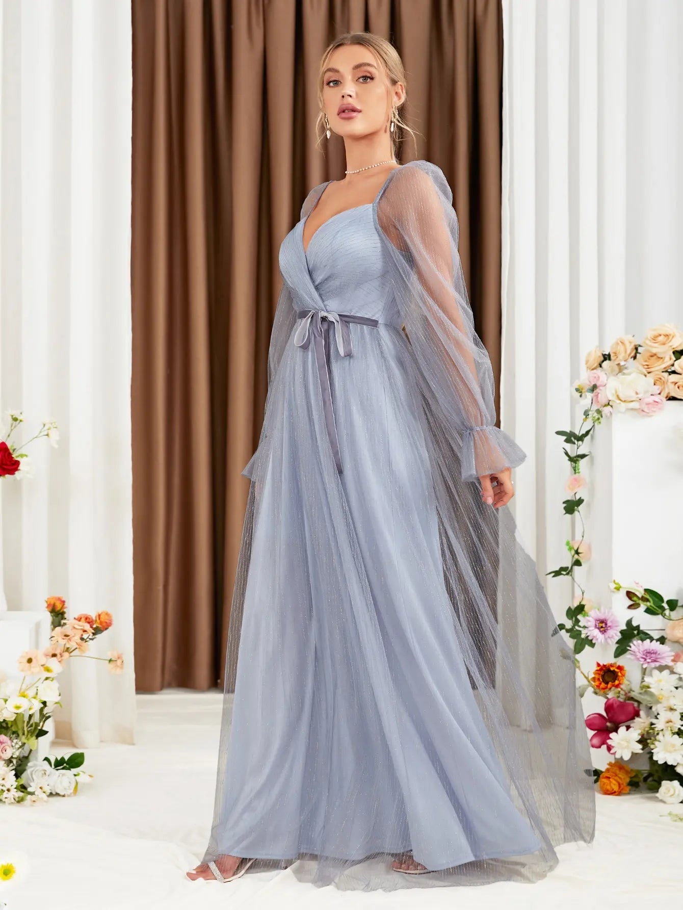 V-neck Long Sleeve Chiffon Evening Gown