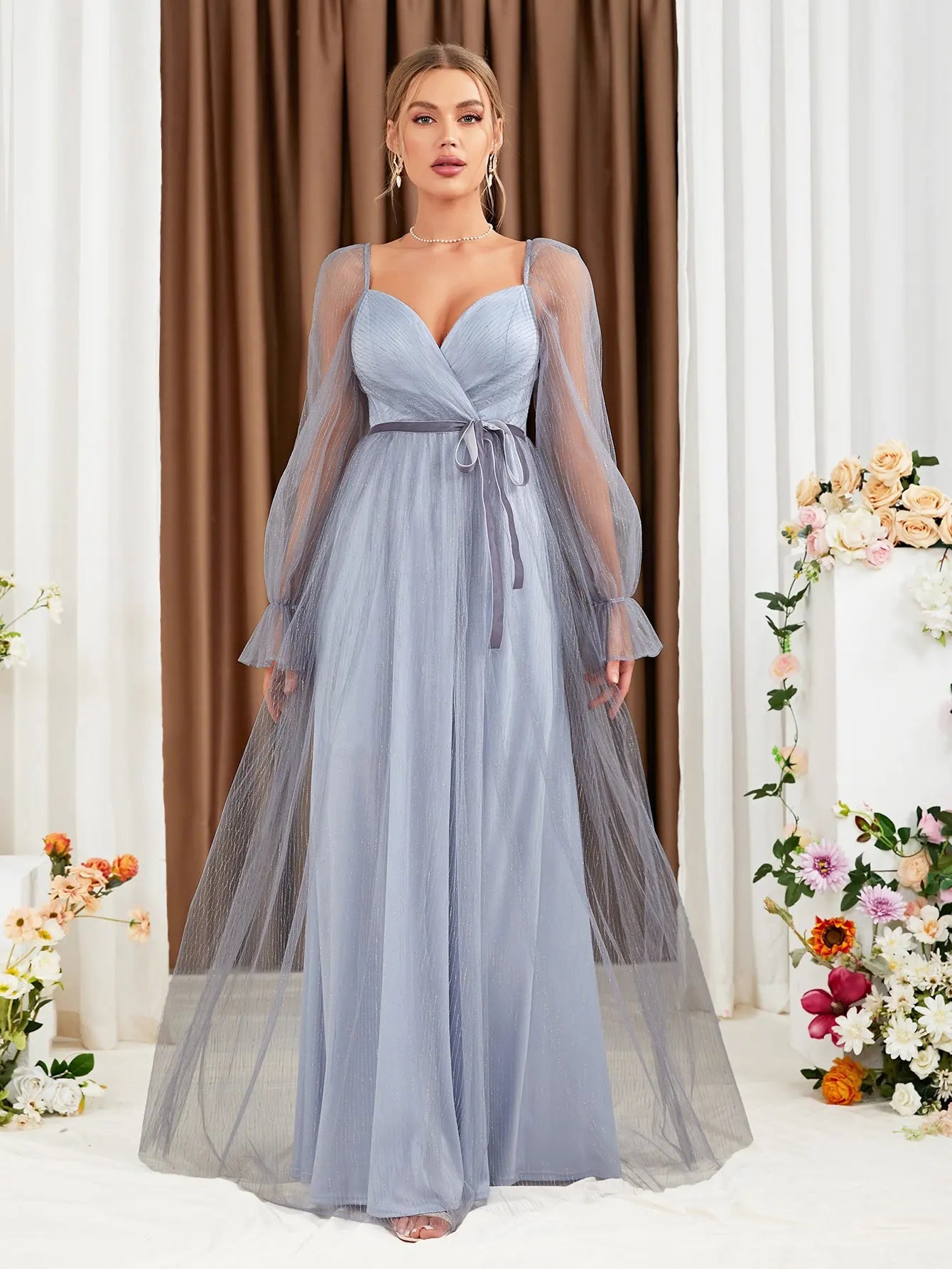 lavender V - neck Long Sleeve Chiffon Evening Gown L