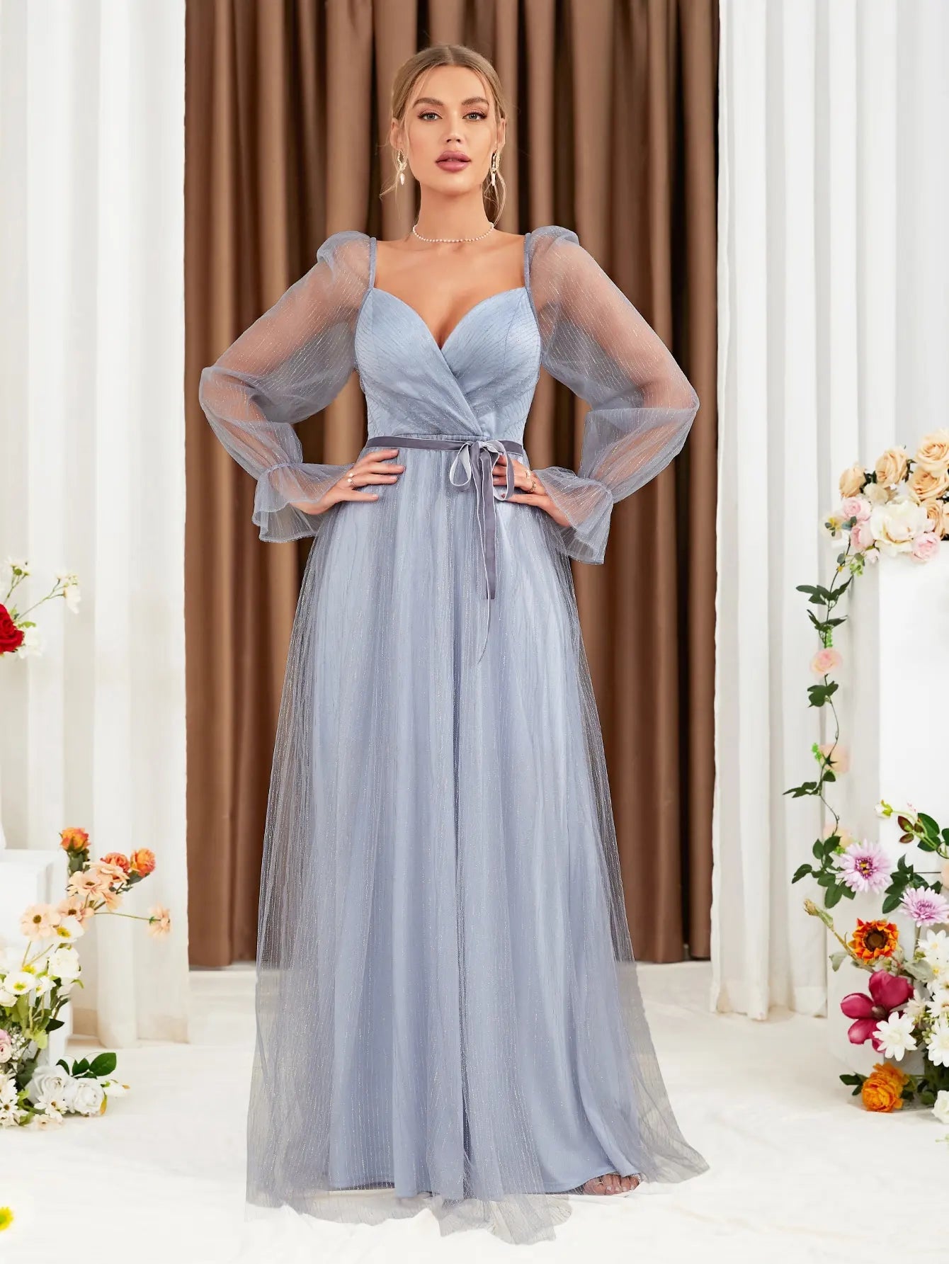 lavender V - neck Long Sleeve Chiffon Evening Gown L