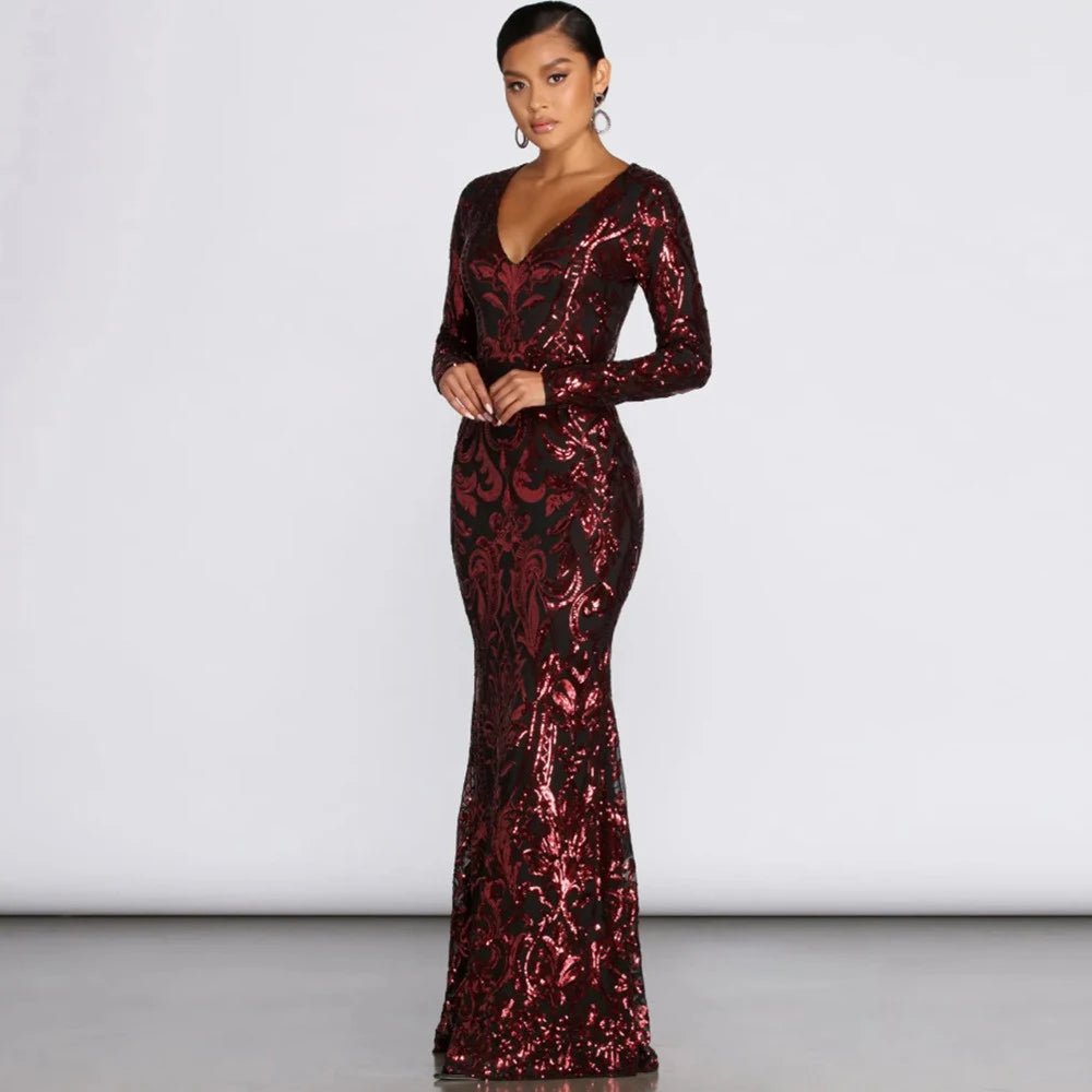 V-Neck Long Sleeve Mermaid Sequined Dress