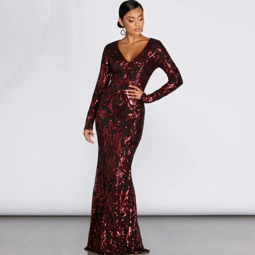 V-Neck Long Sleeve Mermaid Sequined Dress