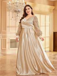 Champagne V - Neck Long Sleeve Sequin Satin Evening Gown L