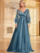 Light Blue V - Neck Long Sleeve Sequin Satin Evening Gown XL