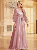 Pink V - Neck Long Sleeve Sequin Satin Evening Gown S