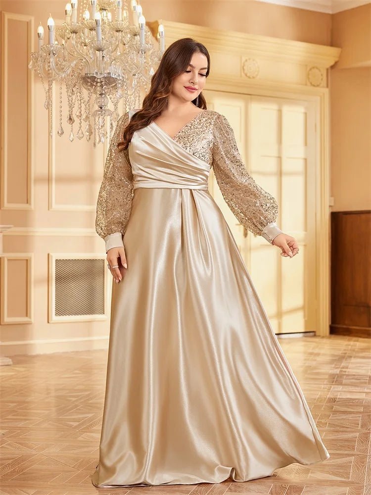 Champagne V - Neck Long Sleeve Sequin Satin Evening Gown L