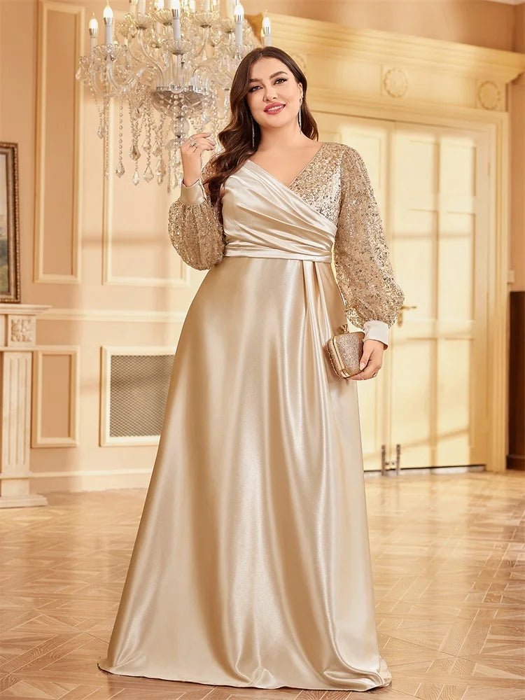 Champagne V - Neck Long Sleeve Sequin Satin Evening Gown L