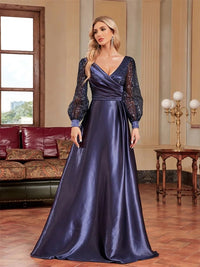 Navy Blue V - Neck Long Sleeve Sequin Satin Evening Gown M