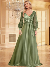 Green V - Neck Long Sleeve Sequin Satin Evening Gown S