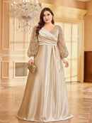 Champagne V - Neck Long Sleeve Sequin Satin Evening Gown S