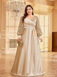 Champagne V - Neck Long Sleeve Sequin Satin Evening Gown S