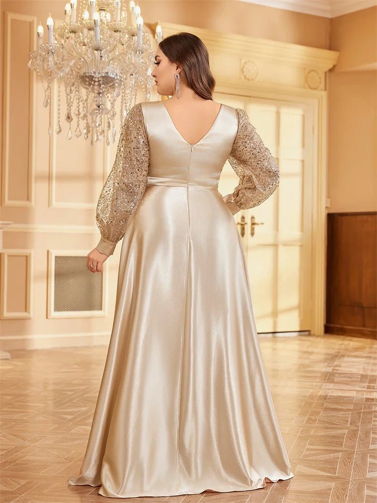 V-Neck Long Sleeve Sequin Satin Evening Gown