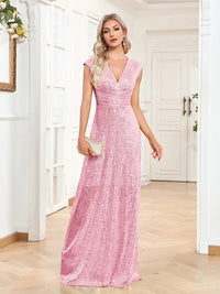 Pink V - neck Pink Mermaid Sequin Evening Long Dress S