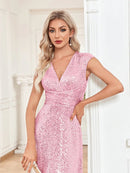 Pink V - neck Pink Mermaid Sequin Evening Long Dress S