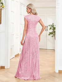 Pink V - neck Pink Mermaid Sequin Evening Long Dress S