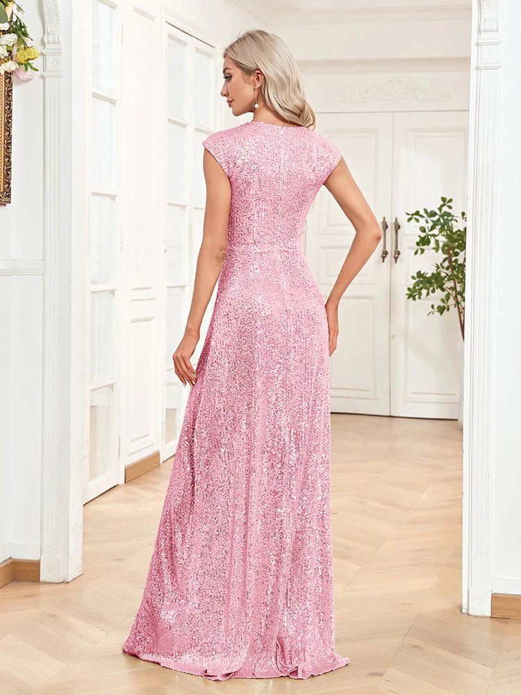 V-neck Pink Mermaid Sequin Evening Long Dress