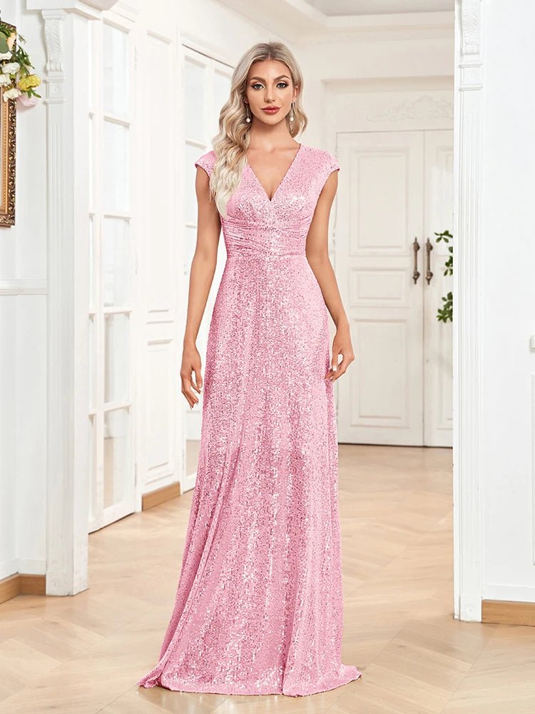 V-neck Pink Mermaid Sequin Evening Long Dress