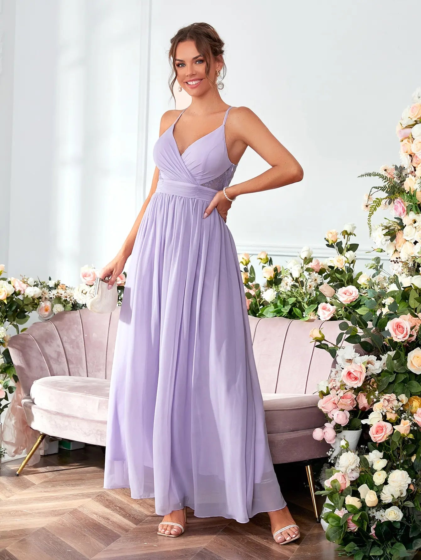 V-neck Pleated Chiffon Elegant Bridesmaid Dress