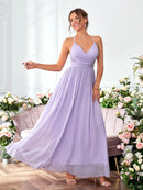 Lavender V - neck Pleated Chiffon Elegant Bridesmaid Dress S