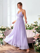 Lavender V - neck Pleated Chiffon Elegant Bridesmaid Dress S