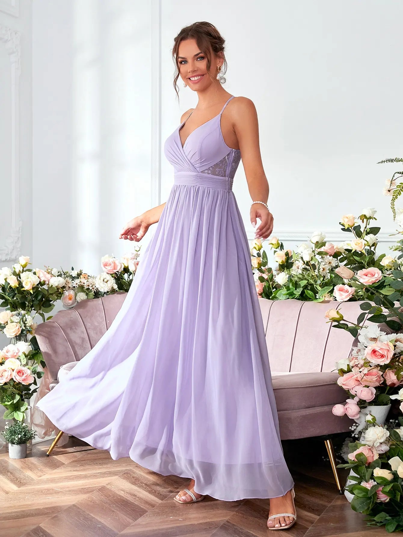 Lavender V - neck Pleated Chiffon Elegant Bridesmaid Dress S