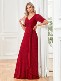 Red V - Neck Red Chiffon A - Line Dress with Short Sleeves S