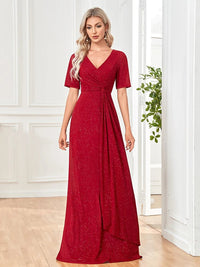 Red V - Neck Red Chiffon A - Line Dress with Short Sleeves S