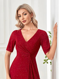 Red V - Neck Red Chiffon A - Line Dress with Short Sleeves S