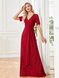 Red V - Neck Red Chiffon A - Line Dress with Short Sleeves S