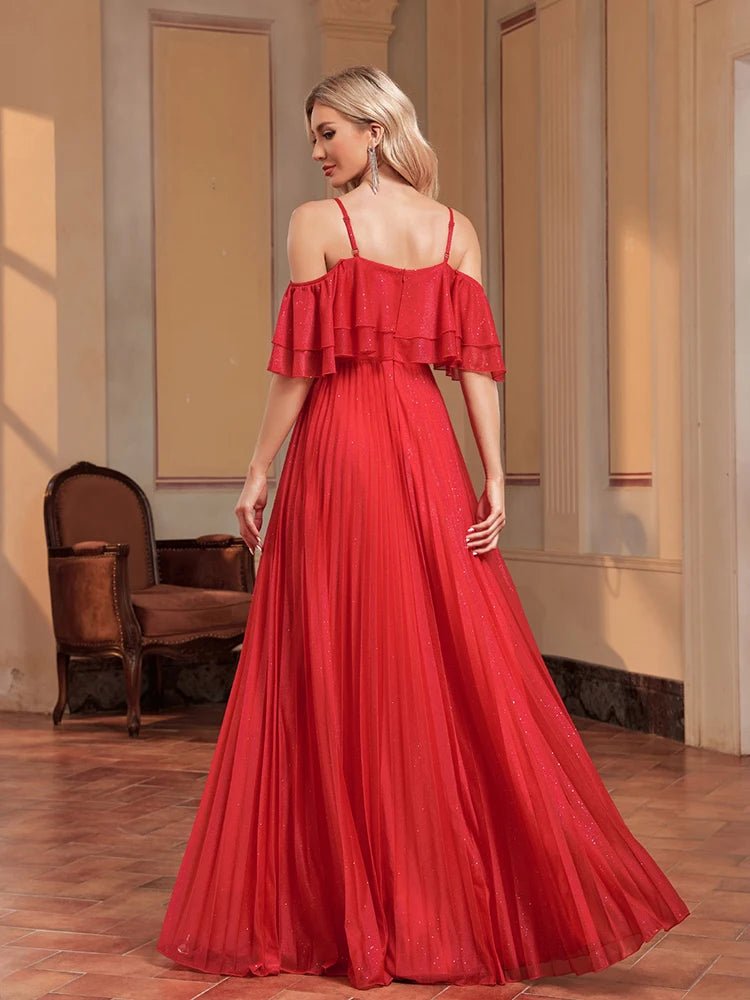 V-neck Red Tulle Gown Formal Evening Dress