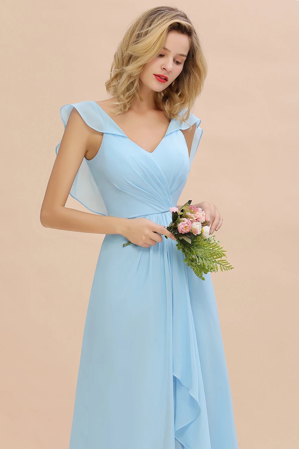 Sky Blue V - Neck Ruched A - Line Chiffon Bridesmaid Dress 2