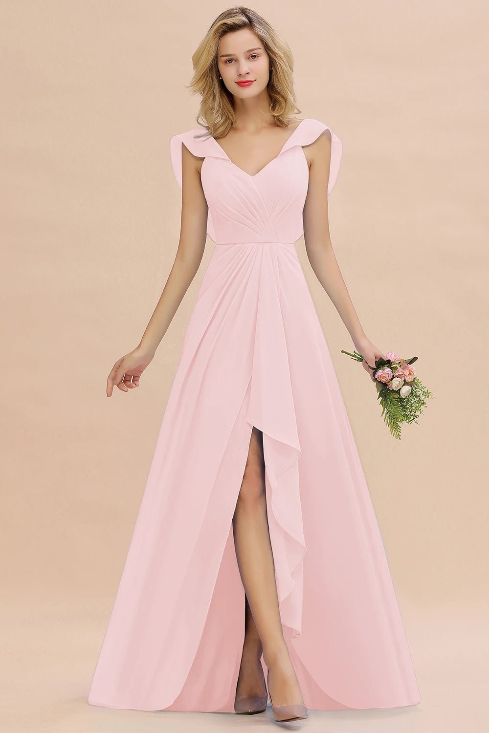 Pink V - Neck Ruched A - Line Chiffon Bridesmaid Dress 2