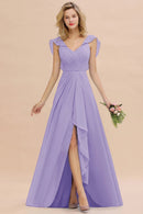 Lilac V - Neck Ruched A - Line Chiffon Bridesmaid Dress 2