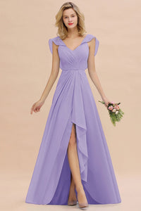 Lilac V - Neck Ruched A - Line Chiffon Bridesmaid Dress 2