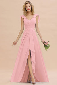 Sky Blue V - Neck Ruched A - Line Chiffon Bridesmaid Dress 2