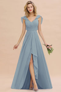 Dusty Blue V - Neck Ruched A - Line Chiffon Bridesmaid Dress 2