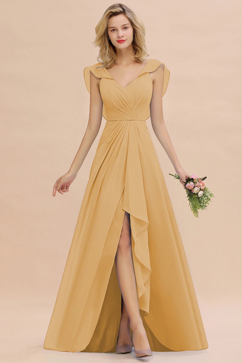 Gold V - Neck Ruched A - Line Chiffon Bridesmaid Dress 2