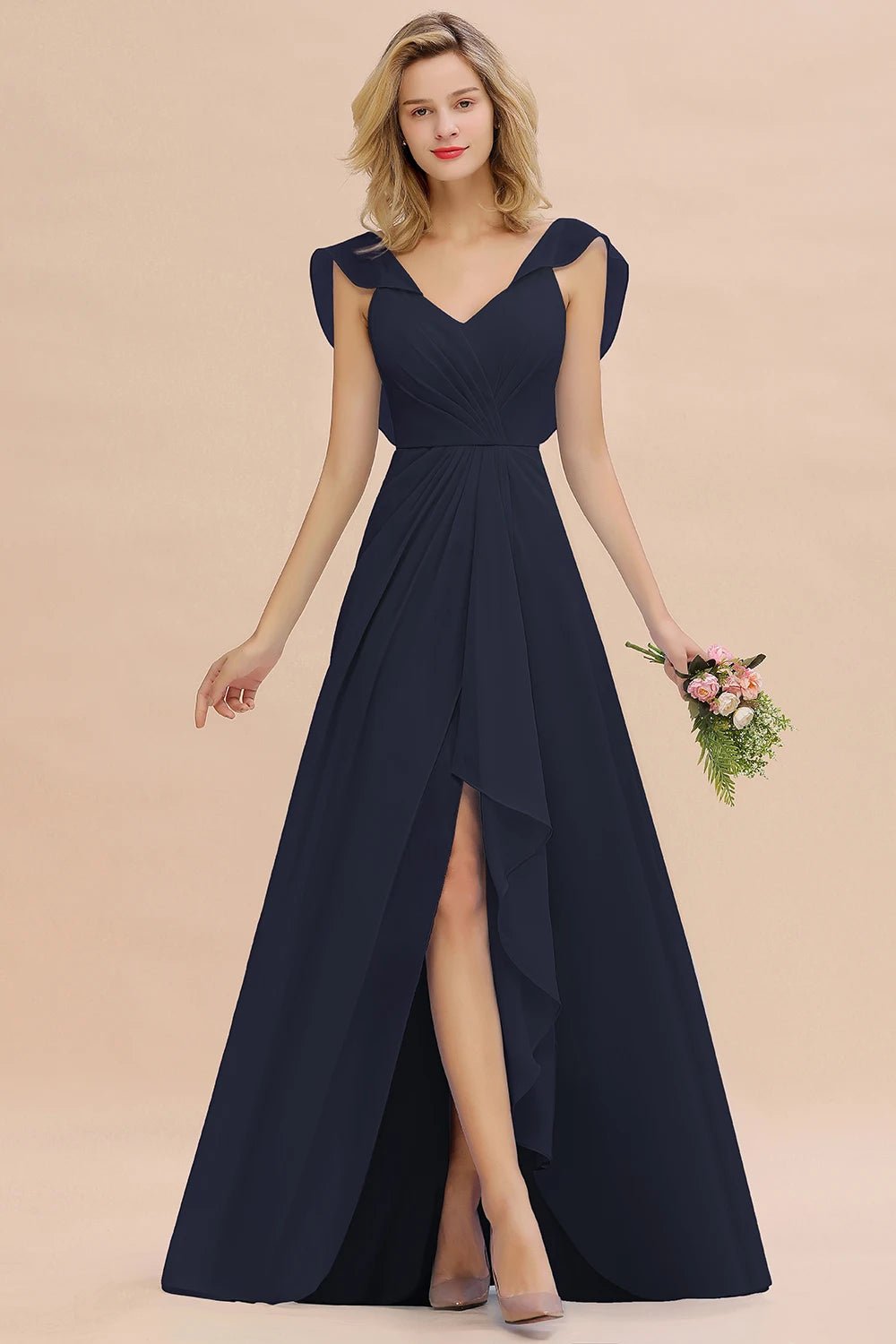 Navy Blue V - Neck Ruched A - Line Chiffon Bridesmaid Dress 2