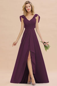 Sky Blue V - Neck Ruched A - Line Chiffon Bridesmaid Dress 2