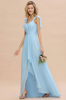 Sky Blue V - Neck Ruched A - Line Chiffon Bridesmaid Dress 2