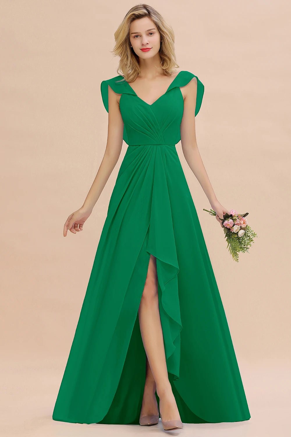 Emerald Green V - Neck Ruched A - Line Chiffon Bridesmaid Dress 2