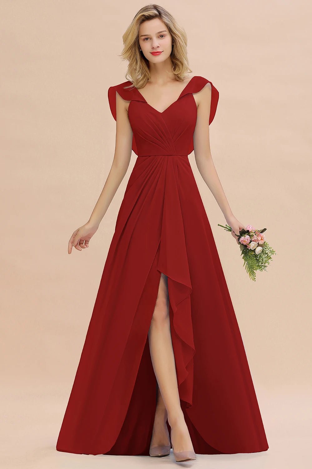 Red V - Neck Ruched A - Line Chiffon Bridesmaid Dress 2