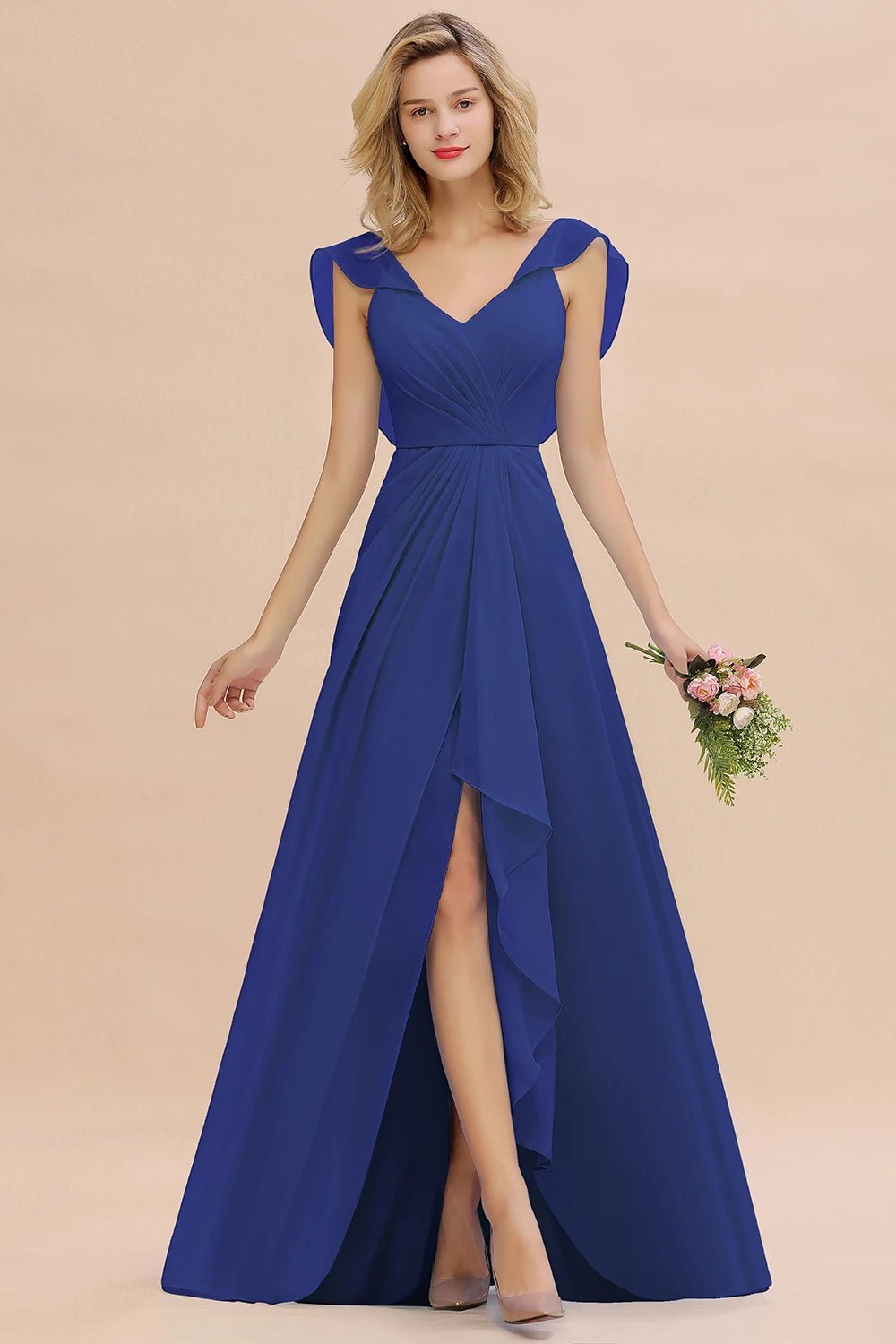 Blue V - Neck Ruched A - Line Chiffon Bridesmaid Dress 2