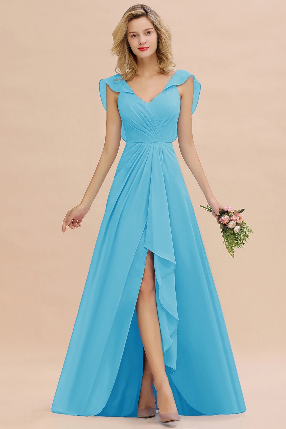 Blue V - Neck Ruched A - Line Chiffon Bridesmaid Dress 2