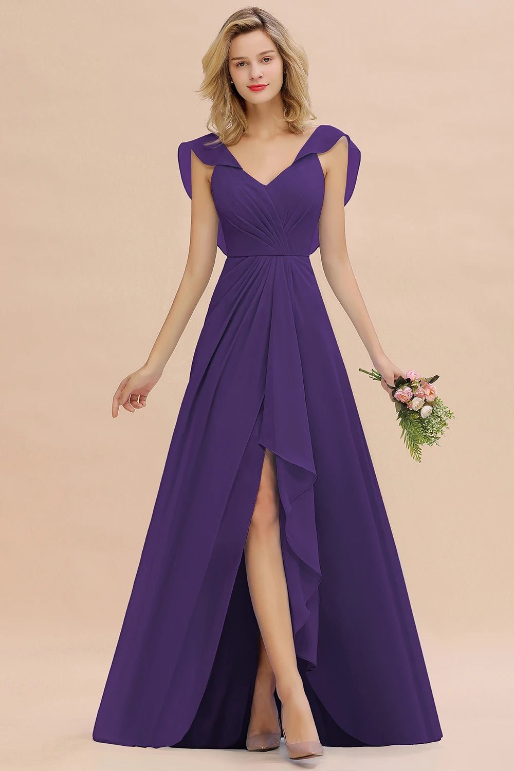 Red V - Neck Ruched A - Line Chiffon Bridesmaid Dress 2