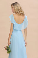 Sky Blue V - Neck Ruched A - Line Chiffon Bridesmaid Dress 2