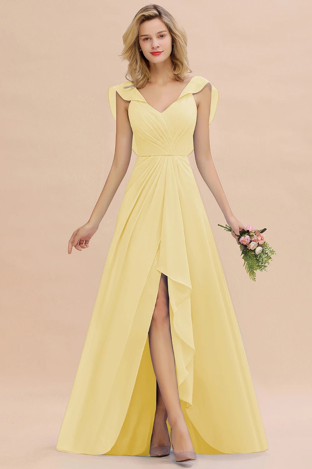 Navy Blue V - Neck Ruched A - Line Chiffon Bridesmaid Dress 2