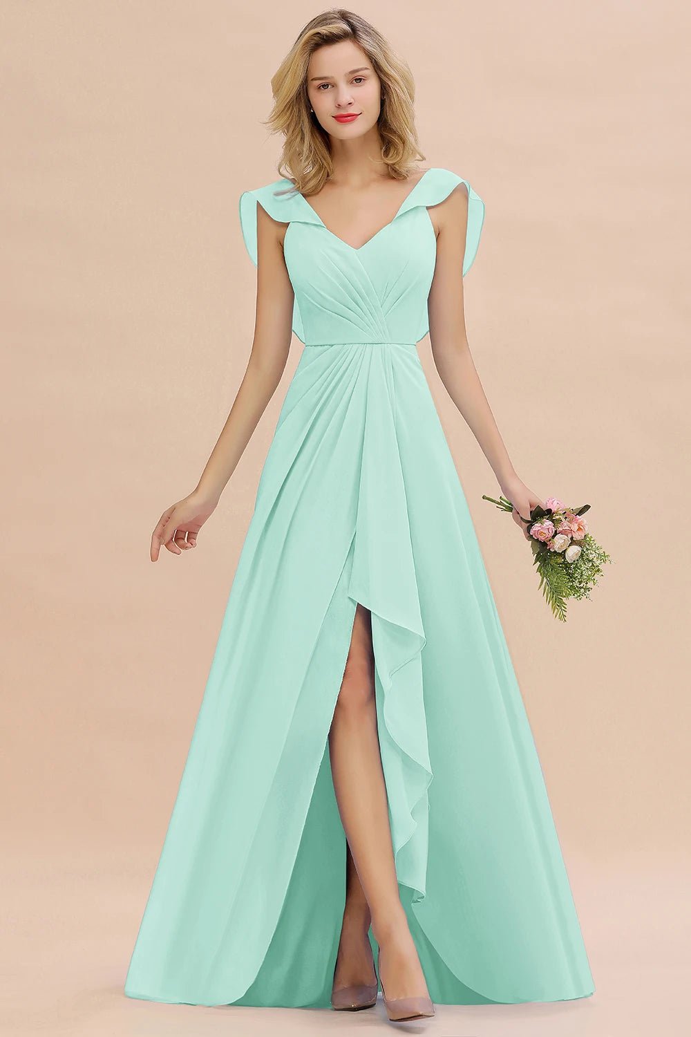 Mint Green V - Neck Ruched A - Line Chiffon Bridesmaid Dress 2